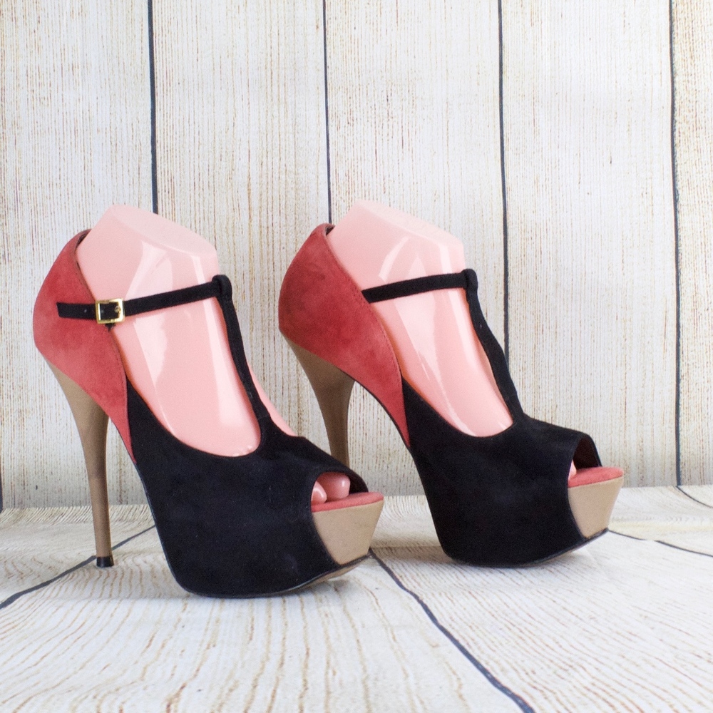 Buffalo London Platform Heels Pink Black Suede 9 - Picture 3 of 8